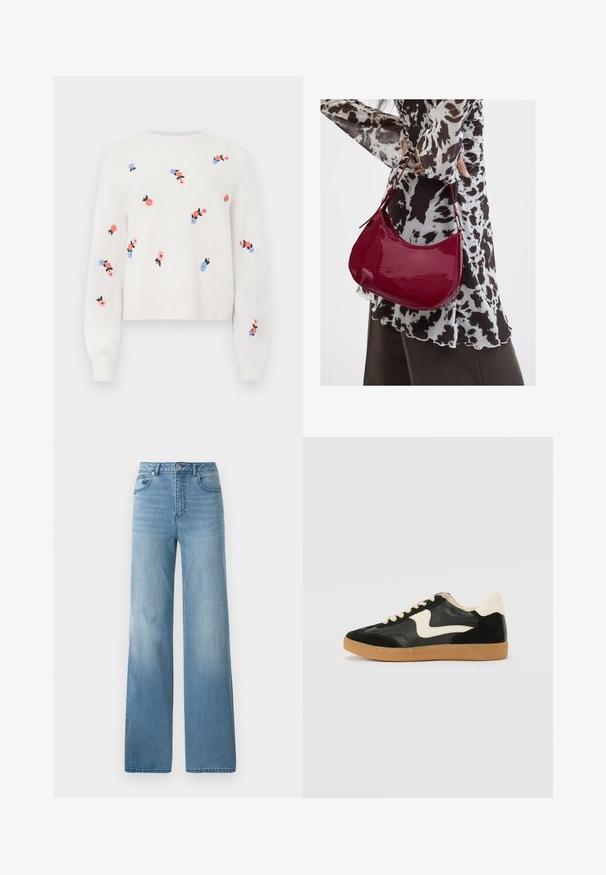 Pull en tricot blanc avec des motifs floraux brodés en rose, bleu et noir. Il possède un col rond et des poignets côtelés.; Jean taille haute bleu clair avec une coupe droite. Fabriqué en denim, avec cinq poches et une fermeture à bouton.; Baskets en daim et cuir noir avec un swoosh latéral crème et un talon crème clair. Dotées de lacets beige et d'une semelle en caoutchouc gomme.; Femme portant un chemisier à motif noir et blanc tenant un sac à main rouge brillant sur un fond uni.