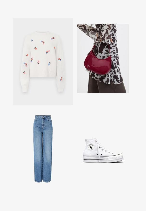Suéter blanco de punto con patrones florales bordados en rosa, azul y negro. Presenta un cuello redondo y puños acanalados.; Jeans de mezclilla azules de tiro alto y pierna recta con cierre frontal de botones y cremallera, trabillas para cinturón y bolsillos delanteros y traseros.; Zapatilla blanca de caña alta Converse Chuck Taylor All Star con parche de logo negro y cordones blancos, presentada sobre fondo blanco.; Mujer con blusa de estampado en blanco y negro sosteniendo un bolso de hombro rojo brillante sobre un fondo liso.