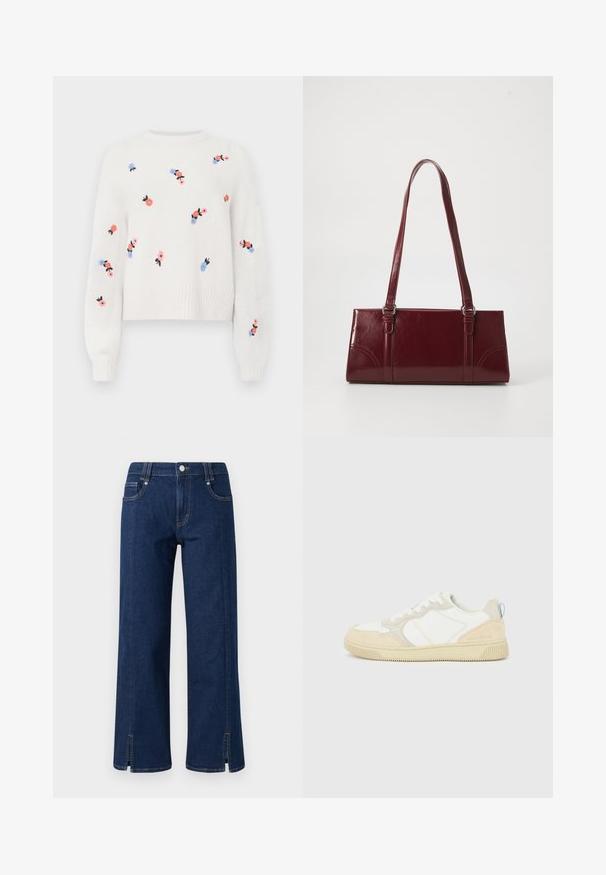 Pull en tricot blanc avec des motifs floraux brodés en rose, bleu et noir. Il possède un col rond et des poignets côtelés.; Jean en denim bleu foncé à jambes larges avec taille haute, dotée de poches latérales, d'une fermeture à bouton à l'avant et d'ourlets fendus pour une touche de détail.; Baskets blanches et beiges avec dessus en suède et textile, présentant des coutures contrastées, une semelle en caoutchouc et un accent bleu clair sur le talon.; Sac à main bordeaux en matériau brillant, de forme rectangulaire, avec deux anses et des accents légèrement courbés à l'avant.
