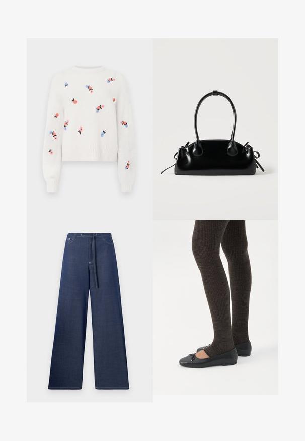 Pull en tricot blanc avec des motifs floraux brodés en rose, bleu et noir. Il possède un col rond et des poignets côtelés.; Pantalon en denim à jambes larges, couleur bleu foncé, avec une taille à cordon, des poches avant et des coutures blanches contrastantes.; Jambes portant des leggings côtelés foncés associés à des ballerines noires avec de petits détails en nœud sur fond blanc.; Petit sac à main noir brillant avec deux longues anses et des détails à cordon sur les côtés sur un fond clair uni.