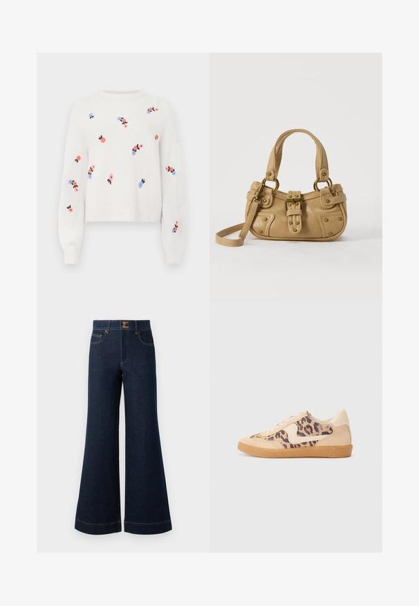 Suéter blanco de punto con patrones florales bordados en rosa, azul y negro. Presenta un cuello redondo y puños acanalados.; Jeans de mezclilla azul oscuro con un amplio corte acampanado, cintura alta, bolsillos frontales y costuras doradas en contraste. Con cierre de doble botón.; Zapatillas de leopardo con parte superior de ante beige, suela de goma marrón y acentos blancos. Punta redonda y diseño con cordones con un acabado texturado.; Bolso de cuero beige con doble asa, hebilla y remaches de latón, y una correa de hombro ajustable sobre un fondo blanco.