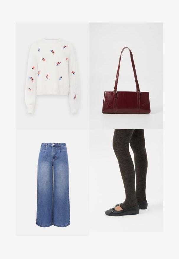 Hvid strikket sweater med broderede blomsterdesigns i pink, blå og sort. Har en rund hals og ribstrikkede manchetter.; Høj talje, vidde ben, blå denimjeans med forlommer, bæltestropper, knaplukning og diskret falmen på ben og lår.; Ben iført mørke ribbede leggings kombineret med sorte balletsko med små sløjfedetaljer på hvid baggrund.; Bordeaux håndtaske lavet af glansfuldt materiale, rektangulær form, med to skulderremme og subtile buede detaljer på forsiden.