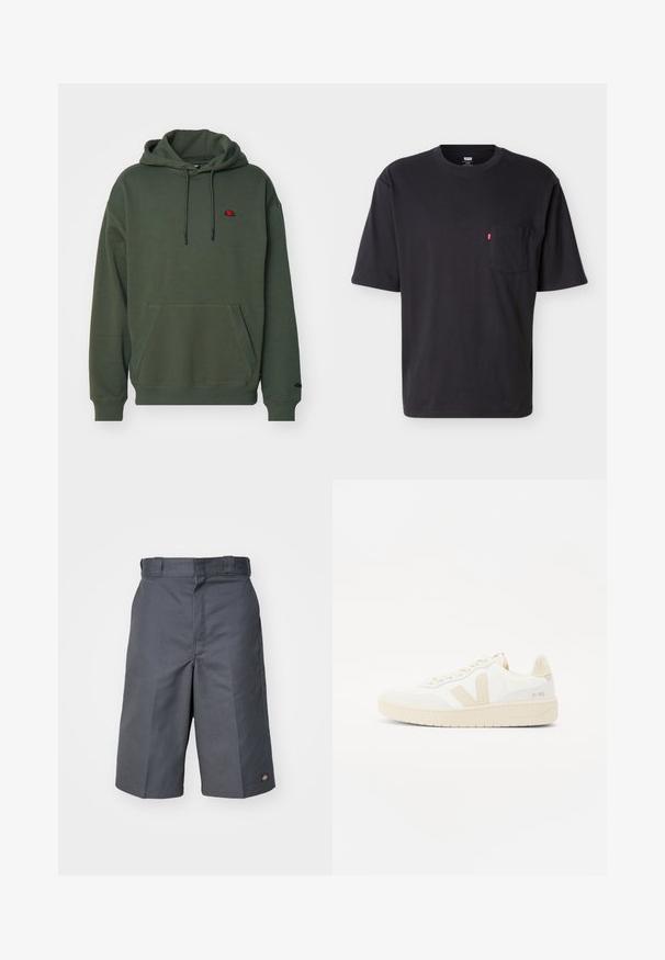 Sudadera verde oliva con bolsillo canguro, cordones ajustables, puños acanalados y un pequeño logo bordado en el pecho. Textura de tela suave.; Camiseta negra de manga corta con cuello redondo, bolsillo en el pecho y pequeña etiqueta roja con el logo de Levi's en el bolsillo, sobre un fondo claro y sencillo.; Pantalones cortos grises hechos de tejido resistente, con un corte recto, dos bolsillos laterales y un pequeño logo en el bolsillo trasero.; Zapatilla blanca con acentos beige, que presenta un upper texturizado, punta redonda y suela de goma gruesa. El diseño incluye el icónico logo V y marcas.