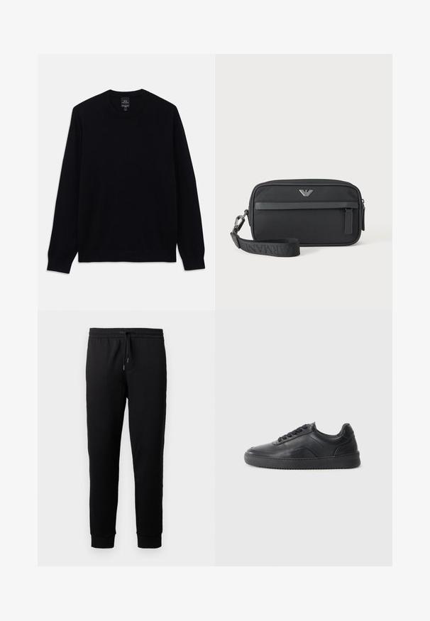 Čierny dlhý rukáv sveter s crewneck výstrihom a rebrovanými manžetami a lemom, na vnútornej strane goliera je viditeľná etiketa Armani Exchange.; Čierne teplákové nohavice vyrobené z jemnej látky s elastickým pásom a šnúrkou. Majú zúžené nohavice s rebrovanými manžetami.; Čierne kožené tenisky s hladkým povrchom, zaoblenou špičkou, texturovanou bočnou časťou a čiernymi šnúrkami. Majú plochú gumovú podrážku a minimalistický dizajn.; Čierna obdĺžniková taška na zápästie s predným vreckom na zips, strieborným logom a odnímateľným popruhom s označeným textom.