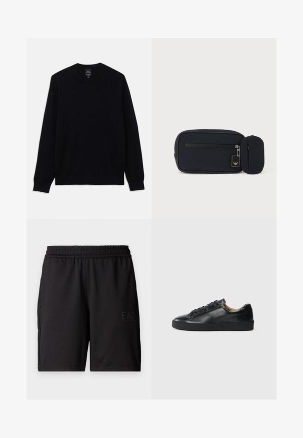 Čierny dlhý rukáv sveter s crewneck výstrihom a rebrovanými manžetami a lemom, na vnútornej strane goliera je viditeľná etiketa Armani Exchange.; Čierne športové šortky vyrobené z ľahkej tkaniny, s elastickým pásom a bočnými panelmi z jemnej sieťoviny. Na prednej strane je potlačené logo značky.; Čierne kožené tenisky s hladkým povrchom, okrúhlou špičkou a šnúrkami. Majú hrubú gumenú podrážku a minimálne značkové detaily.; Čierne obdĺžnikové púzdro s predným zipsom a malým pripevneným zaobleným púzdrom na jednoduchom svetlom pozadí.