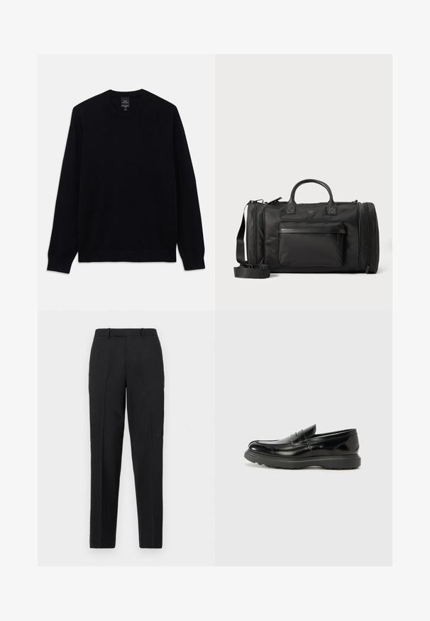 Zwarte lange mouwen crewneck trui met geribbelde manchetten en zoom, Armani Exchange-label zichtbaar aan de binnenkant van de kraag.; Theory STRAIGHT - Broek - deep black; Zwarte leren instapper met een glanzende afwerking, een ronde neus, subtiele stiksels en een dikke rubberen zool voor duurzaamheid.; Zwarte sporttas van glad nylon met leren details, een voorvak, dubbele handvatten en een afneembare schouderband.