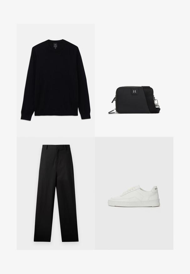 Čierny dlhý rukáv sveter s crewneck výstrihom a rebrovanými manžetami a lemom, na vnútornej strane goliera je viditeľná etiketa Armani Exchange.; Čierne nohavice z bavlny s rovnými nohavicami, predným zapínaním na gombík a bočnými vreckami. Hladká textúra, bez vzorov.; Biele kožené tenisky s hladkým povrchom, okrúly špičkový dizajn, ploché šnúrky a textúrovaná podrážka. Obsahujú jemné logo na päte.; Čierna obdĺžniková taška vyrobená z textúrovaného materiálu, so zipsom, nastaviteľným popruhom a logom na prednej strane.