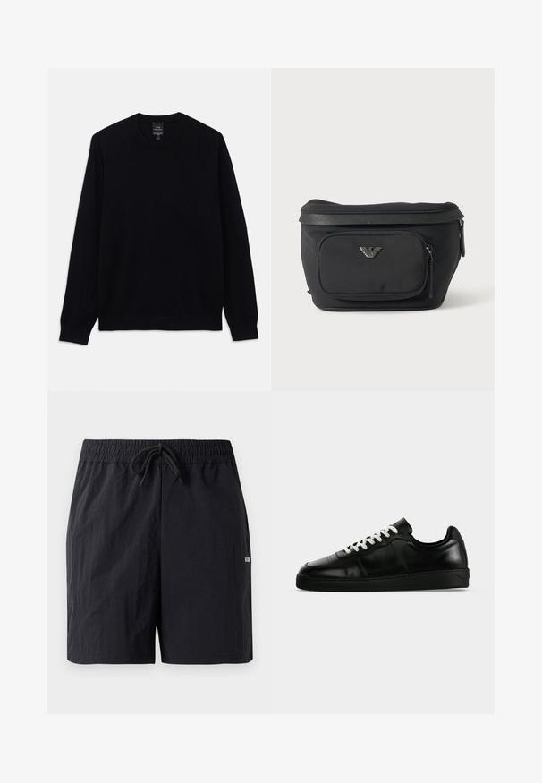 Čierny dlhý rukáv sveter s crewneck výstrihom a rebrovanými manžetami a lemom, na vnútornej strane goliera je viditeľná etiketa Armani Exchange.; Čierne plavecké šortky vyrobené z textúrovanej tkaniny, s elastickým pásom a šnúrkou na sťahovanie a malým logom na boku.; Čierny nízky kožený teniska s bielymi šnúrkami, plochou čiernou podrážkou a jemnými švami, zobrazený z bočného profilu na sivom pozadí.; Čierna ľadvinka s predným vreckom na zips a strieborným logom orla, hladká látka s textúrovaným lemom a ťaháčikmi zipsu.