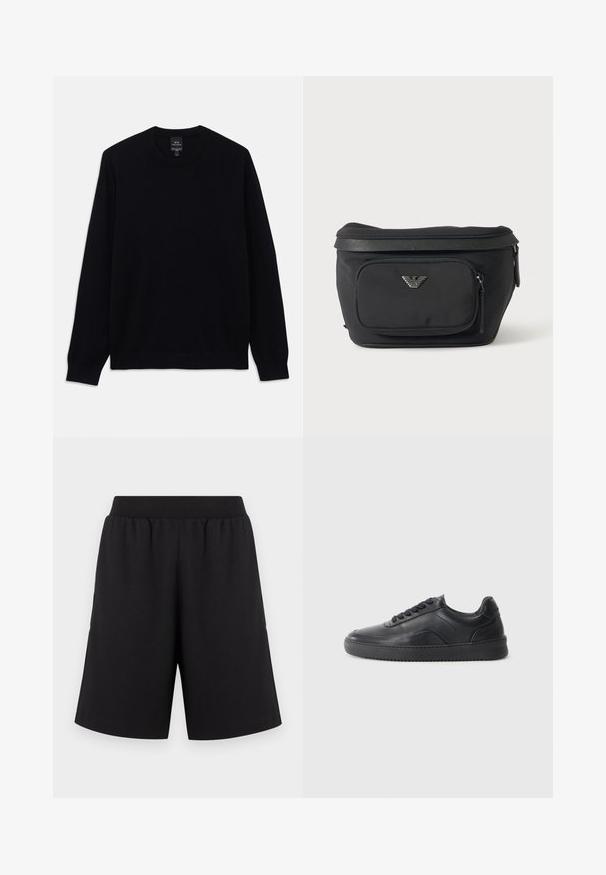 Zwarte lange mouwen crewneck trui met geribbelde manchetten en zoom, Armani Exchange-label zichtbaar aan de binnenkant van de kraag.; Zwarte korte broek met een elastische tailleband, gemaakt van zacht materiaal, met recht gesneden pijpen en zonder opvallende patronen of accenten.; Zwarte leren sneaker met een gladde afwerking, ronde neus, textuurpaneel aan de zijkant en zwarte veters. Voorzien van een platte rubberen zool en een minimalistisch ontwerp.; Zwarte heuptas met voorvak met rits en zilveren adelaarlogo, gladde stof met gestructureerde afwerking en ritstrekker.