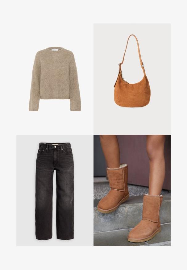 Pull marron, en peluche, fabriqué dans un matériau doux, avec un col rond et des manches longues. Design simple et court sans motifs ni accents visibles.; Levi's® BAGGY DAD - Jean baggy - shrink up; Bottines en suede marron, à bout rond, avec une doublure douce et une semelle en caoutchouc, présentant des détails de couture visibles le long des coutures.; Sac à main en daim beige avec un design incurvé, une bandoulière ajustable, une fermeture éclair en métal et un détail de logo embossé à l'avant.