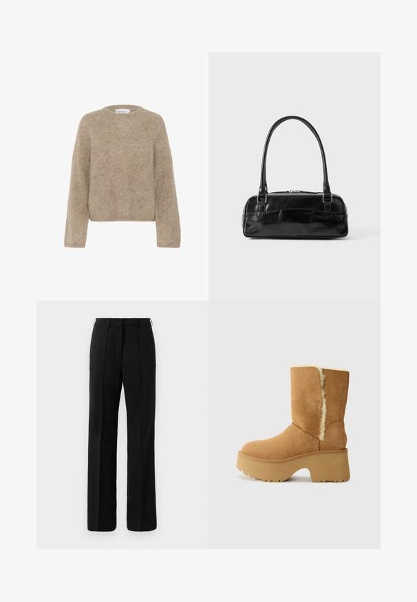 Pull marron, en peluche, fabriqué dans un matériau doux, avec un col rond et des manches longues. Design simple et court sans motifs ni accents visibles.; Pantalons droits noirs sur mesure avec passants de ceinture et pli sur le devant, présentés sur un fond neutre.; UGG NEW HEIGHTS CUFF - Bottes de neige - chestnut; Sac à main en cuir noir de forme rectangulaire, doté d'une seule ansse structurée, de quincaillerie argentée et d'une fermeture éclair. Texture lisse.