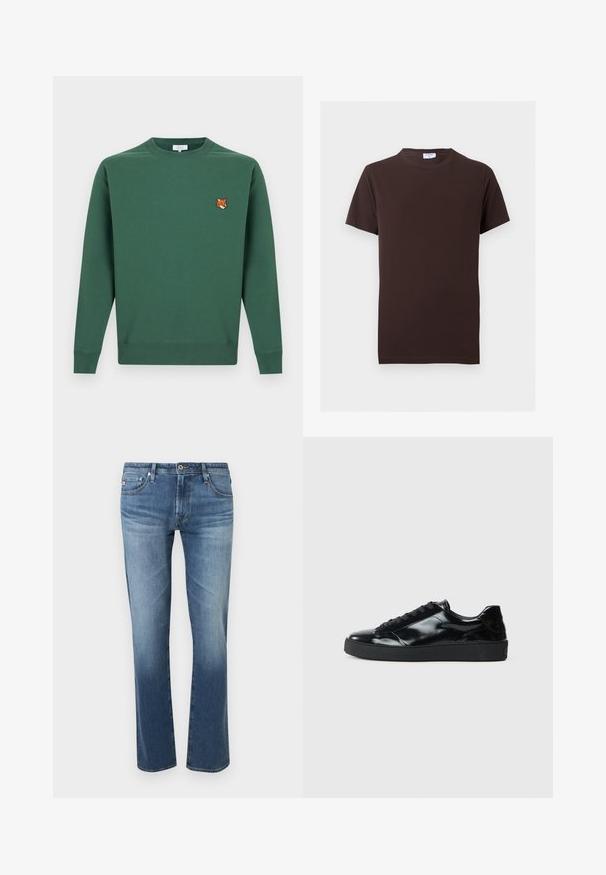 Sweat-shirt vert foncé à col rond avec manches longues et une petite tête de renard brodée sur le côté gauche de la poitrine.; T-shirt uni marron foncé à manches courtes avec col rond, coupe slim et petite étiquette blanche à l'intérieur du col.; Jean bleu délavé pour homme, coupe droite, avec fermeture à boutons et zip à l'avant, poches avant et arrière, présenté sur fond blanc.; Baskets en cuir verni noir avec un bout arrondi, un laçage, une semelle en caoutchouc texturé et une finition lisse.