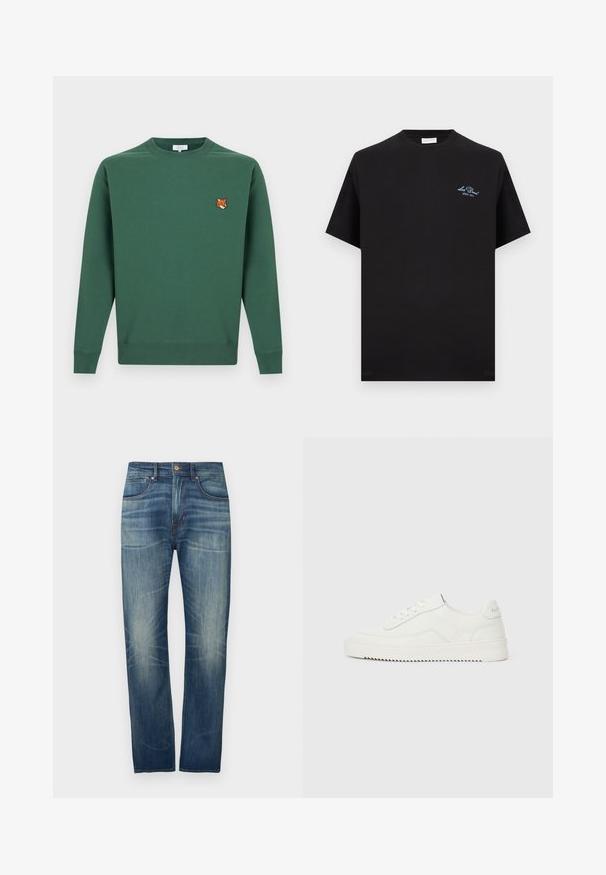 Sweat-shirt vert foncé à col rond avec manches longues et une petite tête de renard brodée sur le côté gauche de la poitrine.; T-shirt en coton noir à manches courtes, avec un petit logo bleu brodé sur la poitrine gauche et un col rond.; Jean en denim bleu foncé à coupe droite, avec un léger délavage, cinq poches et une fermeture par bouton à la taille.; Baskets basses en cuir blanc avec fermeture à lacets, languette de talon texturée et semelle en caoutchouc blanc légèrement rainurée sur un fond clair uni.
