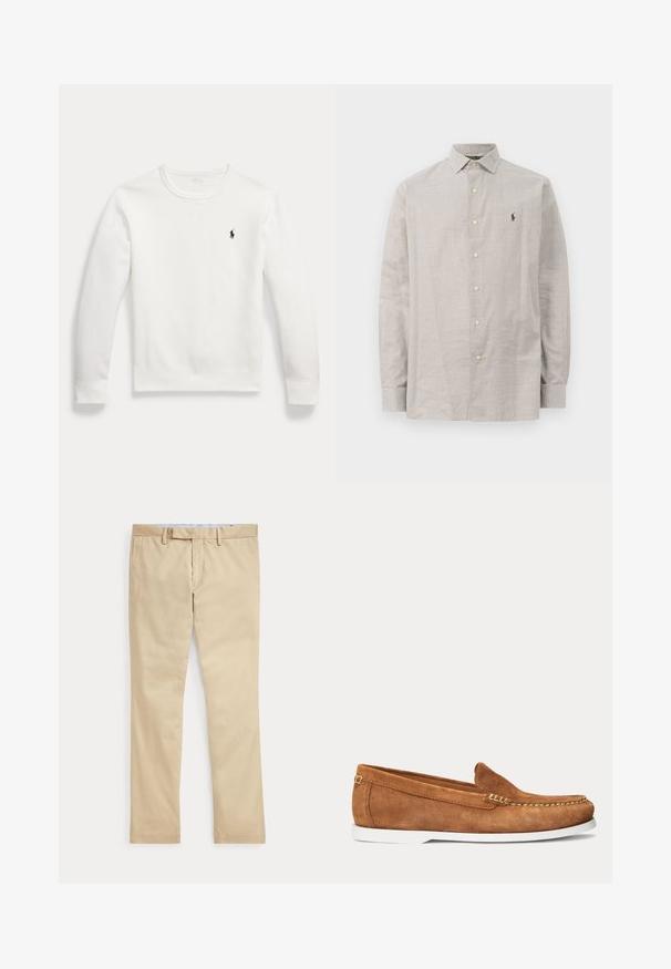 Hvid langærmet crewneck-sweatshirt med en lille sort broderet Polo Ralph Lauren-logo på venstre bryst.; Lysegrå skjorte med knapper lavet af bomuld, med et ternet mønster, der har krave, lange ærmer og et lille broderet logo på brystet.; Beige bukser med lige ben, bæltestropper og frontlynlås, lagt fladt mod en hvid baggrund.; Brun ruskindslipper med hvid sål og beige syninger langs tåen og øverste kant vist i sideprofil på ensartet baggrund.