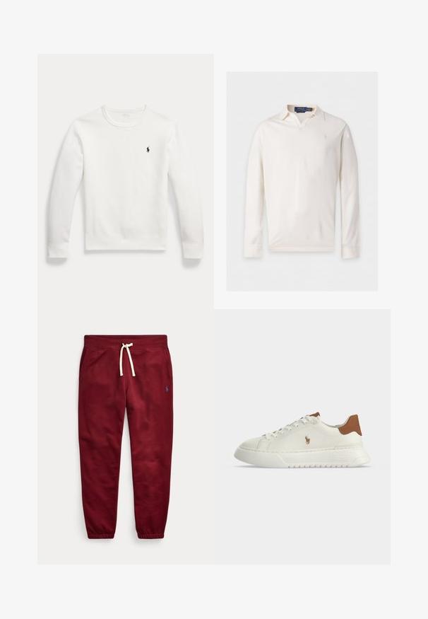 Hvid langærmet crewneck-sweatshirt med en lille sort broderet Polo Ralph Lauren-logo på venstre bryst.; Hvid polo med lange ærmer, krave og subtilt logo på venstre bryst af Polo Ralph Lauren.; Burgunderfarvede joggingbukser med hvid snøre, elastiske manchetter, sidelommer og lille blå broderet logo på øvre venstre ben.; Hvid lavtopsneaker med brunt hæltab, snørebånd foran, tyk sål og lille broderet hestelogo på siden.