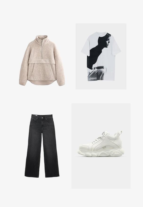 Beige, struktureret fleece-pullover med høj krave, lynlås i halv længde og frontlomme. Har brede ærmer og en buet kant.; Hvid T-shirt med et sort-hvidt profilbillede af en person, der sidder og vender mod højre, iført hvide bukser, og teksten "2NDDAY" nederst.; Sorte bukser med vidde ben i denim med knaplukning foran, lynlås, bæltestropper og design med fem lommer på en hvid baggrund.; Hvide atletiske sneakers med en glat læderoverdel, rund sål og tekstureret accent. Har snørebånd og en slippe-strop bagpå.