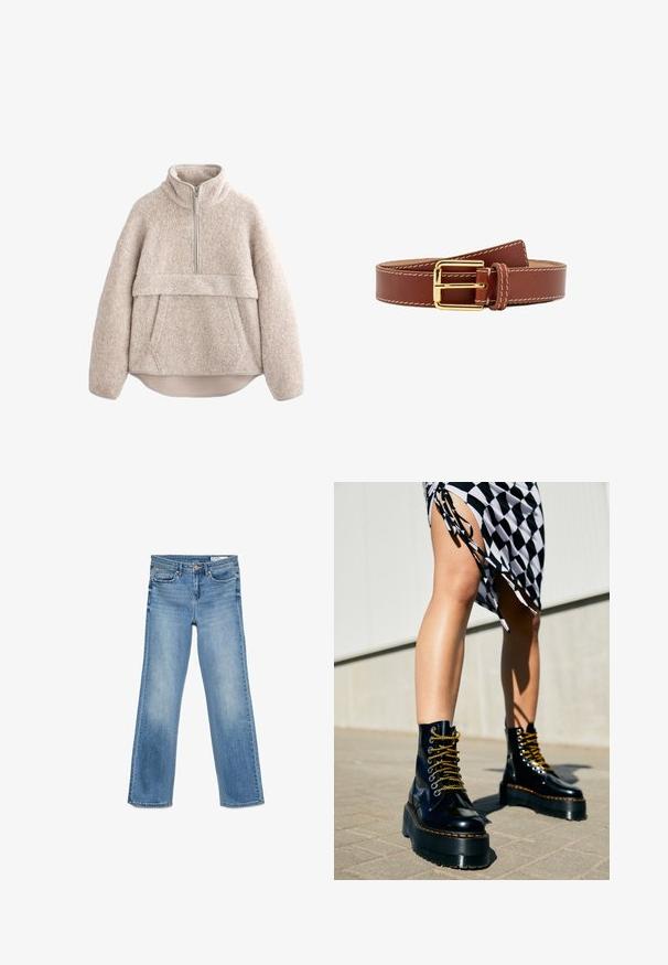 Beige, struktureret fleece-pullover med høj krave, lynlås i halv længde og frontlomme. Har brede ærmer og en buet kant.; Lysblå denim jeans med klassisk fem-lomme design, knap- og lynlåslukning samt lige pasform.; Sorte læder platform støvler med chunky såler, guld snørebånd og orange syninger, kombineret med en ternet nederdel med en sideslids.; Brun læderbælte med hvid syning og en skinnende guld rektangulær spænde, rullet op på en hvid baggrund.