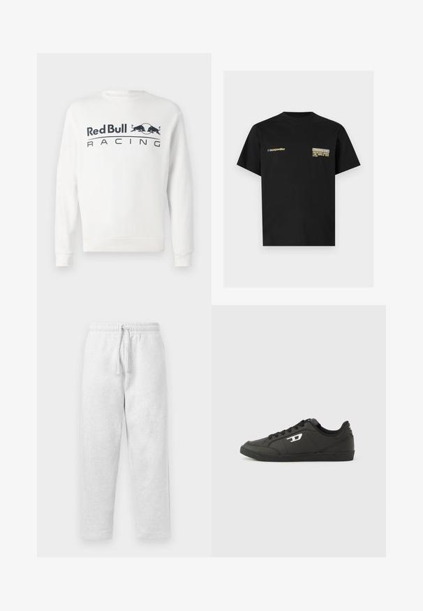 Hvid langærmet sweatshirt med "Red Bull Racing" tekst og to sorte tyre-logoer centreret på brystet.; Sort T-shirt med korte ærmer med små gule tekstlogoer "Incorporation" på venstre bryst og "Replay Inc Engineered Works" på højre bryst.; Lys grå sweatpants lavet af blødt materiale, med en elastisk talje med snøre og en afslappet pasform.; Sorte syntetiske sneakers med en struktureret sort sål, rund tå og flade sorte snørebånd. Fremtrædende hvidt logo på ydersiden.