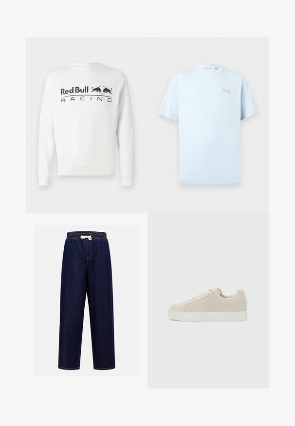 Hvid langærmet sweatshirt med "Red Bull Racing" tekst og to sorte tyre-logoer centreret på brystet.; Lyseblå kortærmet bomulds-T-shirt med en lille pink "Paris"-logo på øverste venstre bryst og rund halsudskæring.; Mørkeblå denim joggerbukser med elastisk talje, snøre lukning og sidelommer, udstyret med kontrastsyninger.; Beige lavt snøresko med snørebånd foran og tyk hvid gummisål på en ensfarvet lysegrå baggrund.