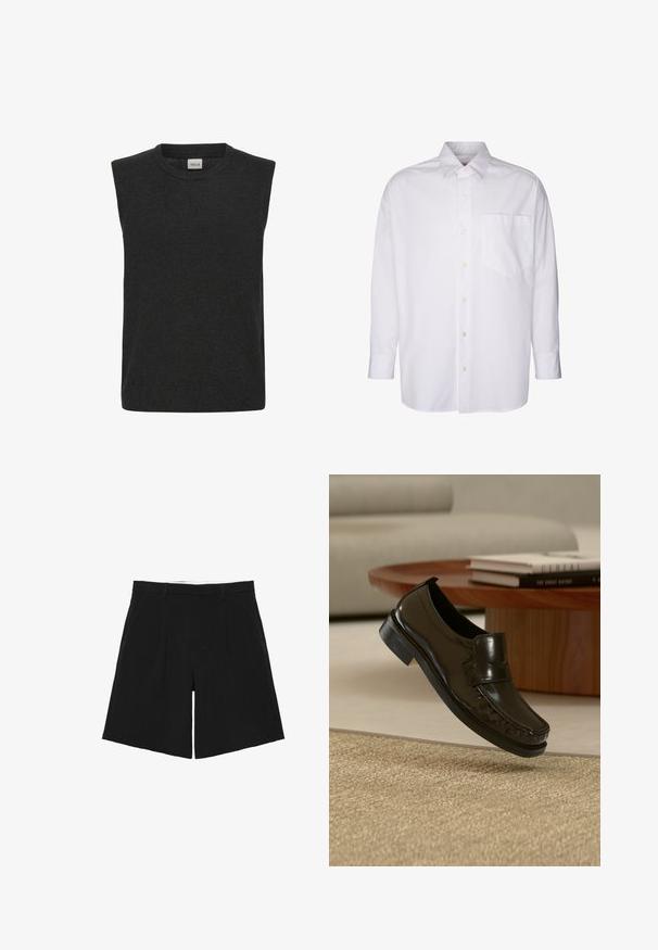 Pull en tricot sans manches gris foncé, avec un col rond et une texture douce. Design simple sans motifs ou accents visibles.; Chemise blanche à manches longues en coton ; elle possède un devant à boutons, un col pointu et une poche sur la poitrine. Texture lisse, sans motifs.; Short noir sur mesure avec passants de ceinture, plis devant et poches latérales, posé à plat sur un fond blanc.; Mocassin en cuir noir à enfiler flottant au-dessus d'un tapis beige tissé avec une table basse en bois et des livres en arrière-plan.