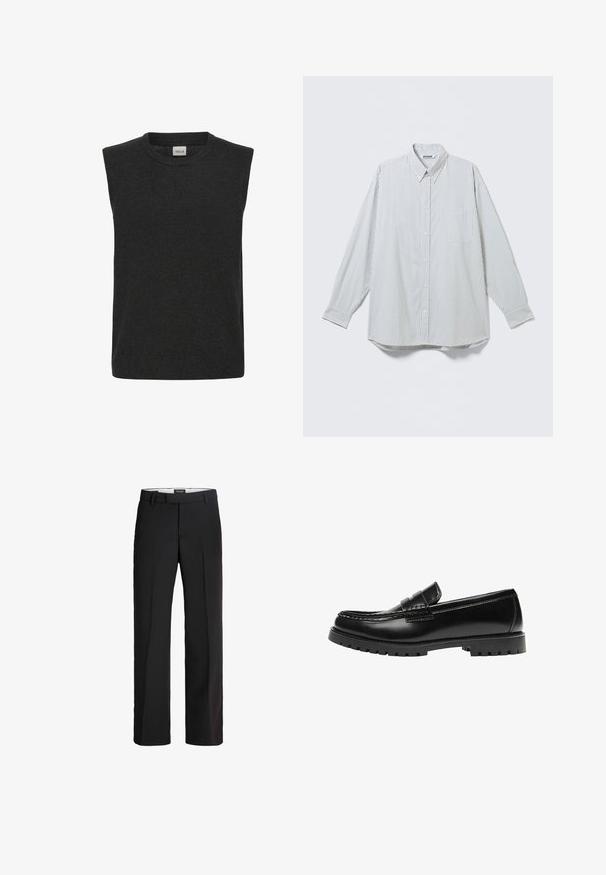 Pull en tricot sans manches gris foncé, avec un col rond et une texture douce. Design simple sans motifs ou accents visibles.; Chemise blanche à manches longues boutonnée avec fines rayures noires verticales et poche poitrine, présentée à plat sur un fond clair.; Pantalon noir avec une coupe ajustée ; présente un devant lisse, deux poches latérales et une texture douce ; fabriqué à partir d'un matériau léger et respirant.; Mocassin en cuir noir avec une semelle en caoutchouc épaisse et un détail classique de bride à monnaie, vu de côté extérieur.