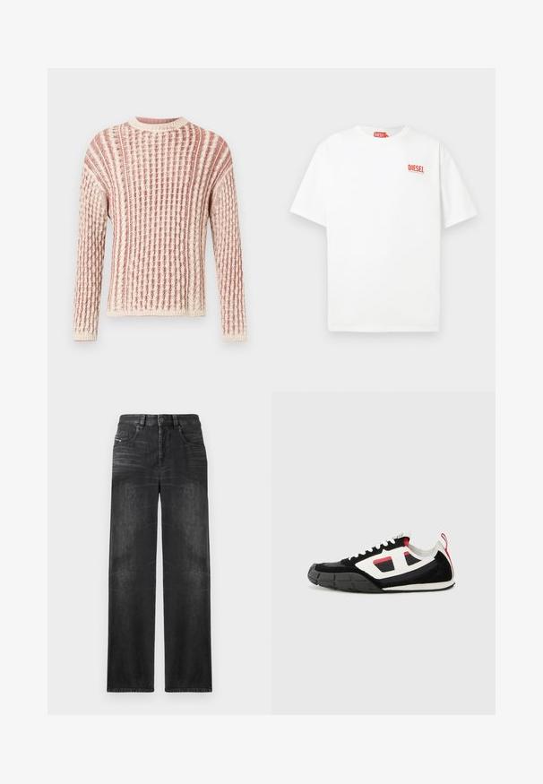 Pull texturé dans des tons doux de rose et de crème, présentant un motif côtelé, un col rond et des manches longues.; T-shirt blanc en coton à manches courtes avec un logo rouge "DIESEL" sur la poitrine gauche, bénéficiant d'une coupe décontractée et d'un design simple.; Jeans noirs droits en denim, dotés de cinq poches, passants de ceinture et d'un léger délavage sur le tissu pour une texture.; Diesel S PAGODHA LOW - Baskets basses - black