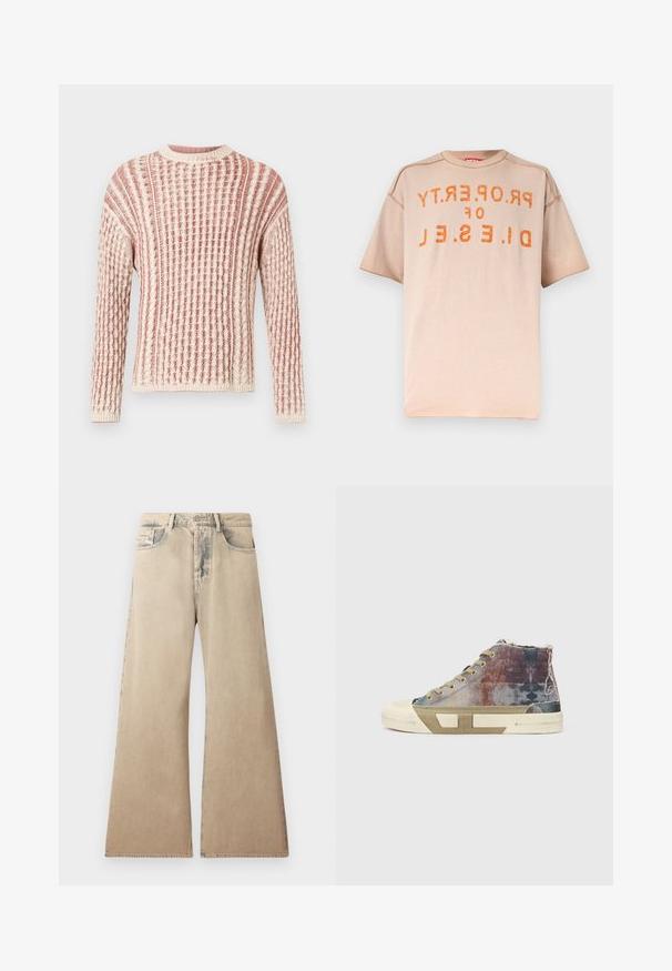 Pull texturé dans des tons doux de rose et de crème, présentant un motif côtelé, un col rond et des manches longues.; T-shirt beige à manches courtes avec texte orange usé "PROPERTY OF DIESEL" imprimé à l'envers sur la poitrine.; Jean large beige avec texture décolorée, design à cinq poches et détails cousus le long des coutures. La taille dispose d'une fermeture à bouton traditionnel.; Baskets montantes avec une tige en toile multicolore aux motifs estompés, semelle beige et design minimaliste. Coutures apparentes et accents.