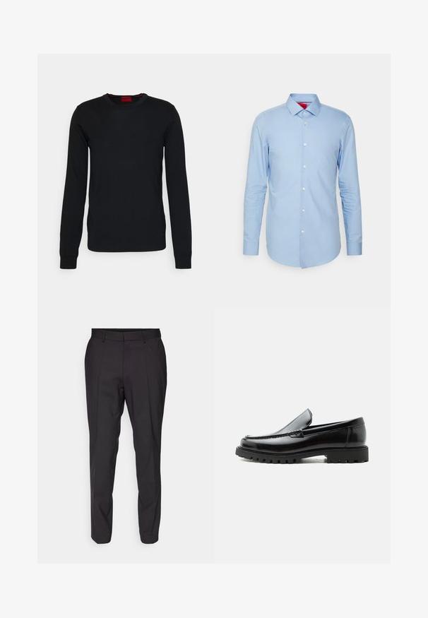 HUGO SAN CEDRIC - Striktrøje - black; Lyseblå langærmet skjorte lavet af bomuld. Har en button-down krave og frontplacket med hvide knapper. Glat tekstur, slim fit.; Sorte skræddersyede bukser med lige snit, der har flad forside, bæltestropper og en glat overflade. Ingen synlige mønstre eller detaljer.; Sort læderloafer med chunky gummisål, syet overdel og præget mærkenavn på hælen, vist i sideprofil på hvid baggrund.
