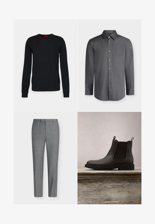 HUGO SAN CEDRIC - Striktrøje - black; Mørkegrå langærmet herreskjorte med spids krave og knapper foran, vist på en lysegrå baggrund.; Grå, slanke bukser med et subtilt ternet mønster, bæltestropper og en flad front på en ensfarvet hvid baggrund.; Sort læder Chelsea-støvle med elastiske sidepaneler og stropper svævende over en træbænk udendørs med græs som baggrund.