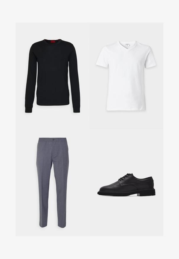 HUGO SAN CEDRIC - Striktrøje - black; Enkelt hvid T-shirt med V-hals og korte ærmer, vist på en neutral baggrund med en synlig kravelabel med teksten "FILIPPA K."; Theory MAYER NEW TAIL - Bukser - medium charcoal; Sort herresko i læder med snørebånd, glat finish og tyk gummisål vist fra siden på hvid baggrund.