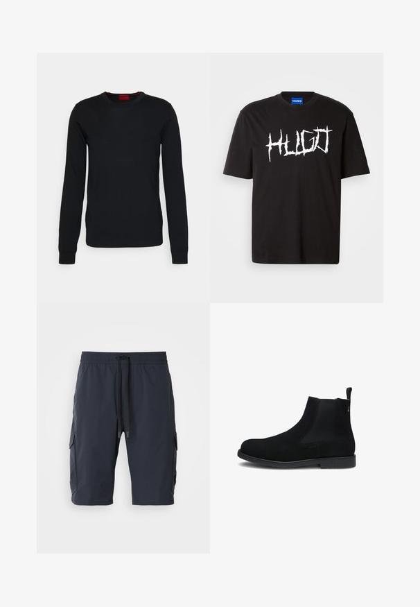 HUGO SAN CEDRIC - Striktrøje - black; Sort bomulds t-shirt med rund halsudskæring og korte ærmer, der har et fremtrædende hvidt grafisk logo "HUGO" i en spids skrifttype.; Marine cargo shorts med elastisk talje, snor i fronten, sidelommer og glat tekstur. Holdbart stof velegnet til afslappet brug.; Sort ruskind Chelsea ankelstøvle med elastiske sidestykker, trækstrop bagpå og lav tekstureret sål.