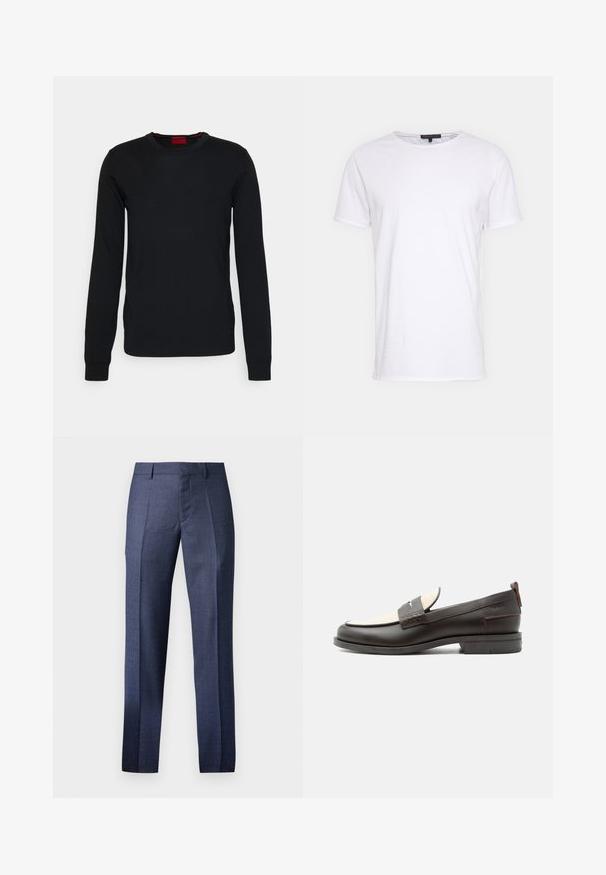 HUGO SAN CEDRIC - Striktrøje - black; Hvid bomulds t-shirt med rund halsudskæring, korte ærmer og lige snit. Har en enkel, glat overflade uden yderligere mønstre.; Mænds navy dressbukser, lavet af et struktureret stof, med en skræddersyet pasform, flad front og to skarpe folder, der løber ned ad benene.; Mørkebrune herresko i læder med cremefarvet stofpanel og klassisk syning på remmen, flad sål og trækskærm ved hælen.