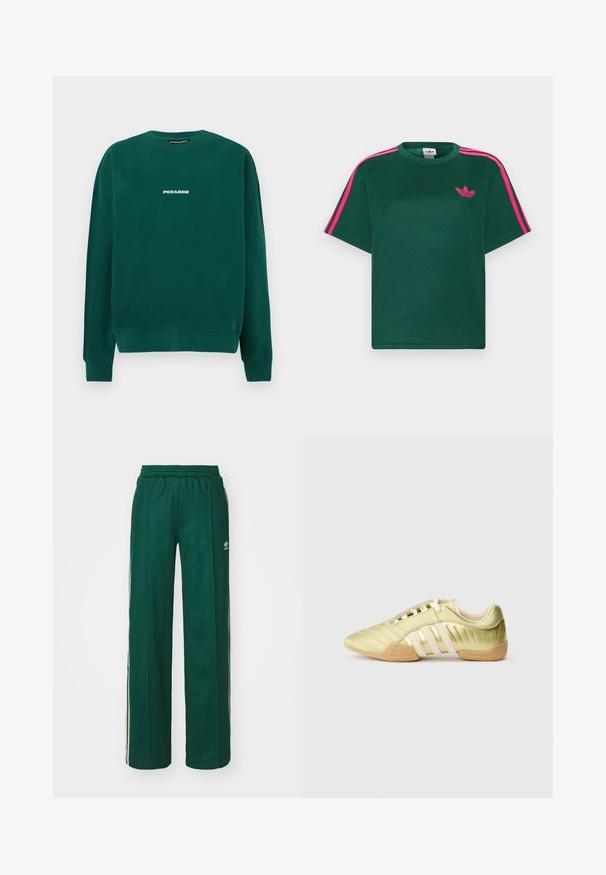 Sudadera verde de algodón, con cuello redondo, puños acanalados y un logo blanco "PEGADOR" en el pecho.; Camiseta verde de manga corta con franjas rosas brillantes en los hombros y el logotipo de trébol de Adidas en el pecho.; Pantalones deportivos de color verde oscuro con un corte relajado, que cuentan con una cintura con cordón, bolsillos laterales y franjas color crema a lo largo de los costados.; Zapatilla deportiva sintética de color verde lima con una textura suave, que presenta tres franjas blancas, un forro interior suave y una suela exterior de goma texturizada.