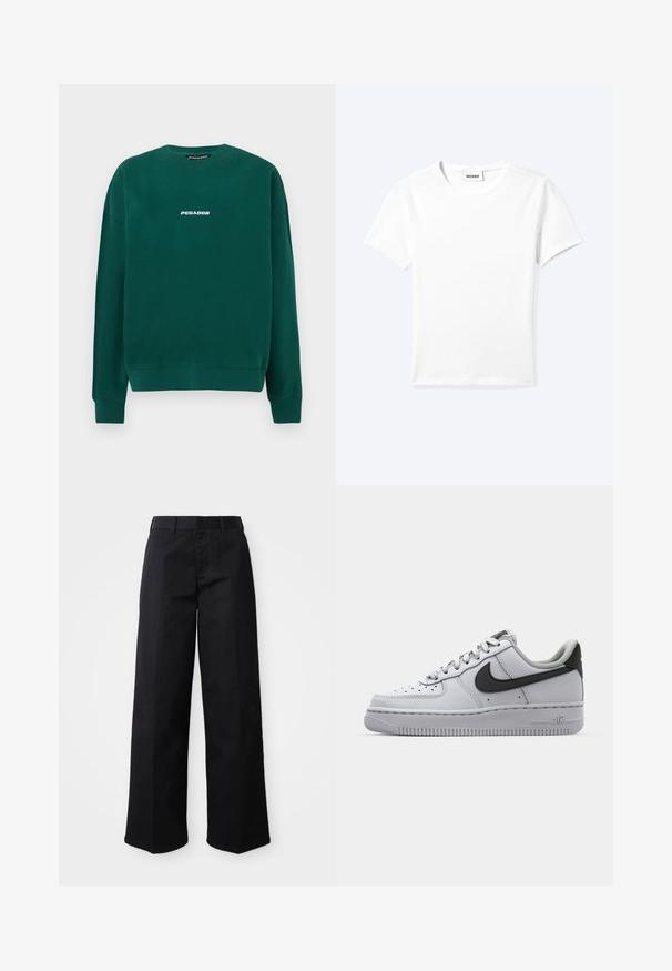 Grüner Sweatshirt aus Baumwolle, mit rundem Hals, gerippten Bündchen und einem weißen "PEGADOR"-Logo auf der Brust.; Einfaches weißes T-Shirt mit kurzen Ärmeln und Rundhalsausschnitt sowie kleinem "WEEKDAY"-Etikett im Nacken, flach auf einem hellen Hintergrund präsentiert.; Schwarze, weit geschnittene Hose aus weichem Baumwollstoff. Verfügt über einen klassischen Bund, seitliche Taschen und einen geraden Schnitt bis zum Saum.; Weißes Leder-Sneaker mit grauen Akzenten, runde Zehenpartie, strukturierte Oberfläche, gepolsterter Kragen und kontrastierendes schwarzes Swoosh-Logo. Luftgepolsterte Sohle.