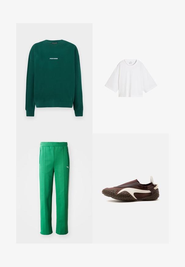 Sudadera verde de algodón, con cuello redondo, puños acanalados y un logo blanco "PEGADOR" en el pecho.; Camiseta blanca de manga corta oversize con cuello redondo y un pequeño logo de Puma en la etiqueta interior del cuello.; Pantalones deportivos verdes con un acabado texturizado, cintura elástica, bolsillos laterales y franjas blancas a los lados. Logotipo de la marca visible en la parte frontal.; Zapato marrón tipo slip-on con raya blanca, suela de goma texturizada con puntos elevados, cuello elástico en el tobillo y tira para tirar en el talón.