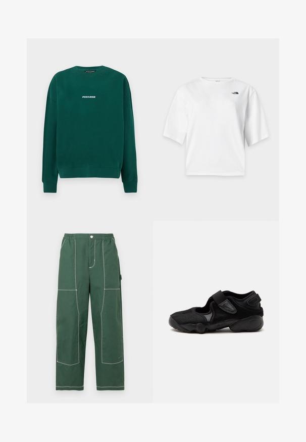 Sudadera verde de algodón, con cuello redondo, puños acanalados y un logo blanco "PEGADOR" en el pecho.; Camiseta blanca de manga corta y cuello redondo con el logo de The North Face en negro en el pecho izquierdo.; Pantalones verdes de pierna ancha con cintura elástica, botón frontal, costuras blancas grandes y visibles y bolsillo lateral para herramientas sobre fondo blanco.; Zapato deportivo negro con punta redondeada, correas ajustables y suela texturizada, mostrado de perfil sobre un fondo liso.