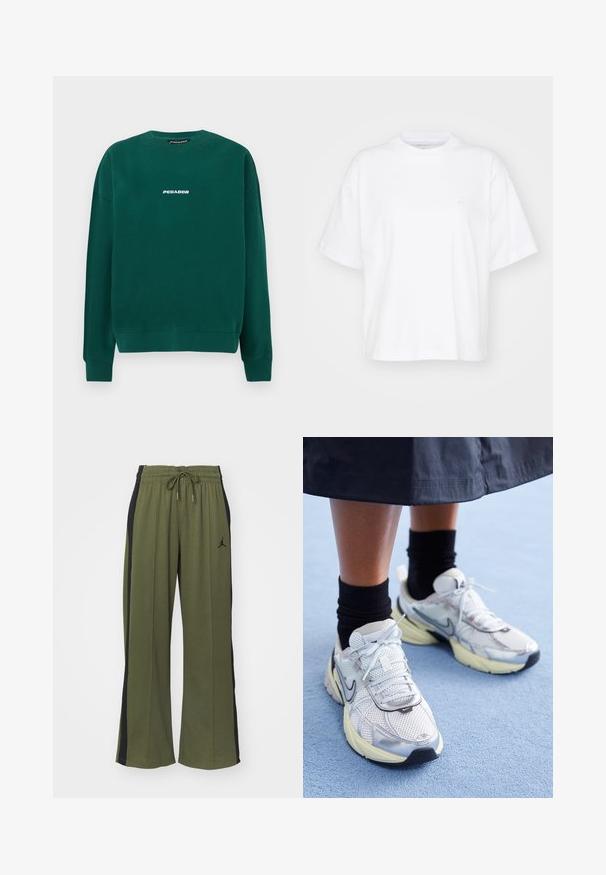 Sudadera verde de algodón, con cuello redondo, puños acanalados y un logo blanco "PEGADOR" en el pecho.; Camiseta de algodón blanca con cuello redondo, mangas cortas y un corte relajado. Presenta un logo sutil en el área del pecho izquierdo. Textura suave.; Pantalones de chándal verdes con paneles laterales negros, cinturilla elástica y cordón. Presenta un pequeño logo negro en la pierna izquierda. Textura de tela suave.; Zapatillas Nike blancas y plateadas con tejido de malla, detalles reflectantes y una suela beige. Llevadas con calcetines negros, de pie sobre una superficie azul.