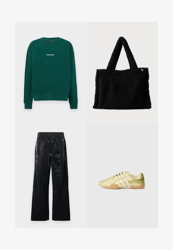 Sudadera verde de algodón, con cuello redondo, puños acanalados y un logo blanco "PEGADOR" en el pecho.; Pantalones negros de pierna ancha hechos de material brillante. Presentan una cinturilla elástica y costuras vertically para estructura y diseño. Textura suave.; Zapatilla deportiva sintética de color verde lima con una textura suave, que presenta tres franjas blancas, un forro interior suave y una suela exterior de goma texturizada.; Bolsa tote de piel de imitación negra con textura suave, asas cortas y forma rectangular. Presenta una pequeña etiqueta con logotipo en un lado.