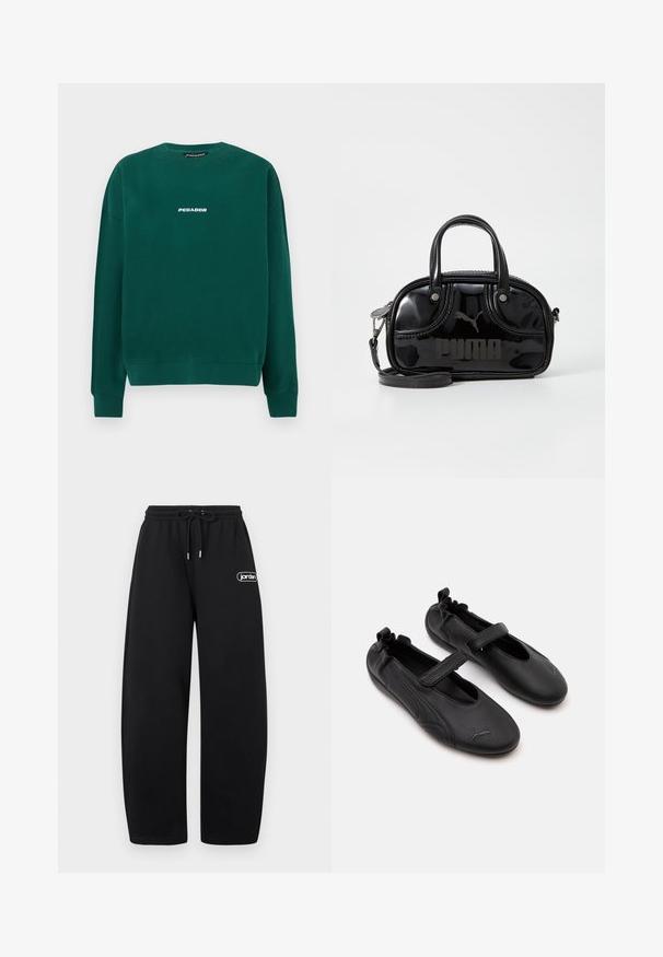 Grøn sweatshirt lavet af bomuld, med rund hals, ribstrikkede manchetter og en hvid "PEGADOR" logo på tværs af brystet.; Sort wide-leg sweatpants med elastisk talje og snor, med et lille hvidt "jordan" logo på højre lår.; Par sorte læder Mary Jane-stil sko med elastisk bagpå og velcrolukning, med en diskret Puma-logo på hver tå.; Sort lakeret håndtaske med dobbelte top-håndtag, aftagelig skulderrem, rund form og et fremtrædende præget "PUMA"-logo.