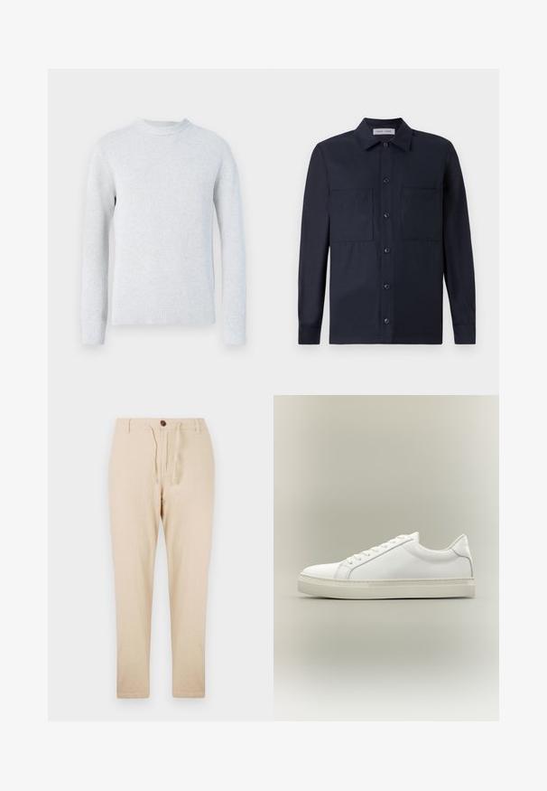 Jersey de punto gris claro de manga larga con cuello redondo y puños y bajo de canalé, mostrado sobre un fondo blanco.; Samsøe Samsøe TAKA JO OVERSHIRT - Camisa - dark blue; Pantalones de lino beige con cintura ajustable, cierre de botón, piernas acampanadas y una textura suave, adecuados para climas cálidos.; Zapatilla blanca de perfil bajo con cordones en la parte delantera y suela gruesa, mostrada de lado sobre un fondo neutro.