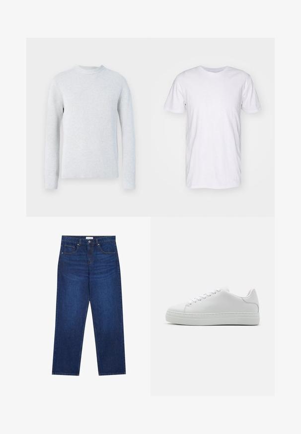Lysegrå strikket trøje med lange ærmer, rund hals og ribkant ved ærmer og bund, vist på en hvid baggrund.; Selected SLHASPEN SLUB TEE - T-shirts basic - bright white; Mørkeblå denimjeans med lige ben-design, der har en knap- og lynlåslukning, fem lommer og synlige syninger.; Hvide lædersneakers med en chunky platformsål, rund tå og seks snørehuller. Glat tekstur med subtile syninger.