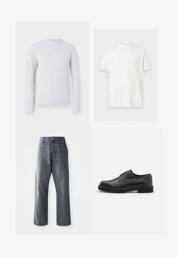 Pull en maille gris clair à manches longues avec col rond et poignets et bas en bord-côte, présenté sur fond blanc.; T-shirt blanc à manches courtes avec col rond et coupe décontractée sur un fond uni clair.; Jean en denim gris à jambes larges pour homme, coupe ample, avec poches avant et un bouton doré visible sur la ceinture.; Chaussure en cuir noir avec un bout arrondi, finition lisse et coutures minimales. Dispose d'un système de laçage et d'une semelle en caoutchouc épaisse et texturée.