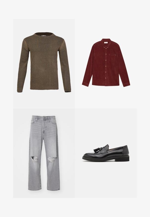 Brun og sort stribet langærmet sweater med rund hals, ribbet tekstur og lige kant. Fremstillet af blødt, strikket materiale.; Rød fløjlsskjorte med button-down krave, lange ærmer, frontlomme og guldtonede knapper. Tekstureret stof.; Lys grå denim jeans med høj talje, brede ben og slidte knæ-huller; klassisk fem-lomme design og metalknaplukning.; Sorte læder loafers med frynse detalje, afrundet tå og en tekstureret sål. Har en glat finish og minimalistisk design.