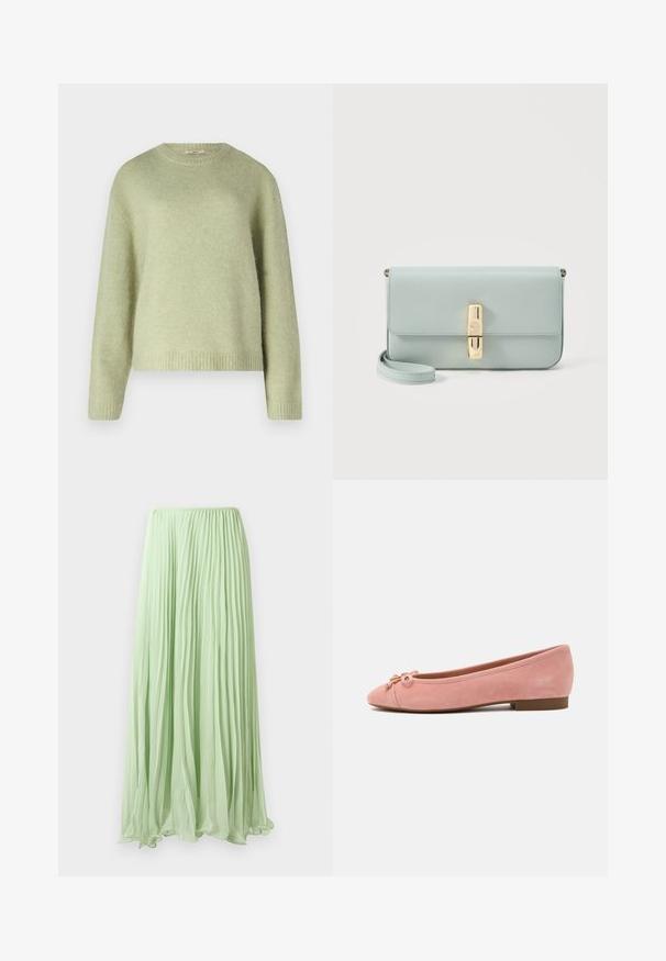 Gina Tricot CREW NECK - Πουλόβερ - desert sage; Ανοιχτό πράσινη πλισέ μακριά φούστα με ρέον υλικό και ελαστική ζωνη, παρουσιασμένη σε λευκό φόντο.; Απαλά ροζ σουέντ μπαλαρίνες με μικρό φιόγκο και χρυσή λεπτομέρεια στη στρογγυλή μύτη, χαμηλό τακούνι και λεία σόλα.; Φωτεινό μπλε δερμάτινο τσαντάκι clutch με ορθογώνιο κούμπωμα σε χρυσό τόνο και αποσπώμενο λουράκι καρπού σε λευκό φόντο.