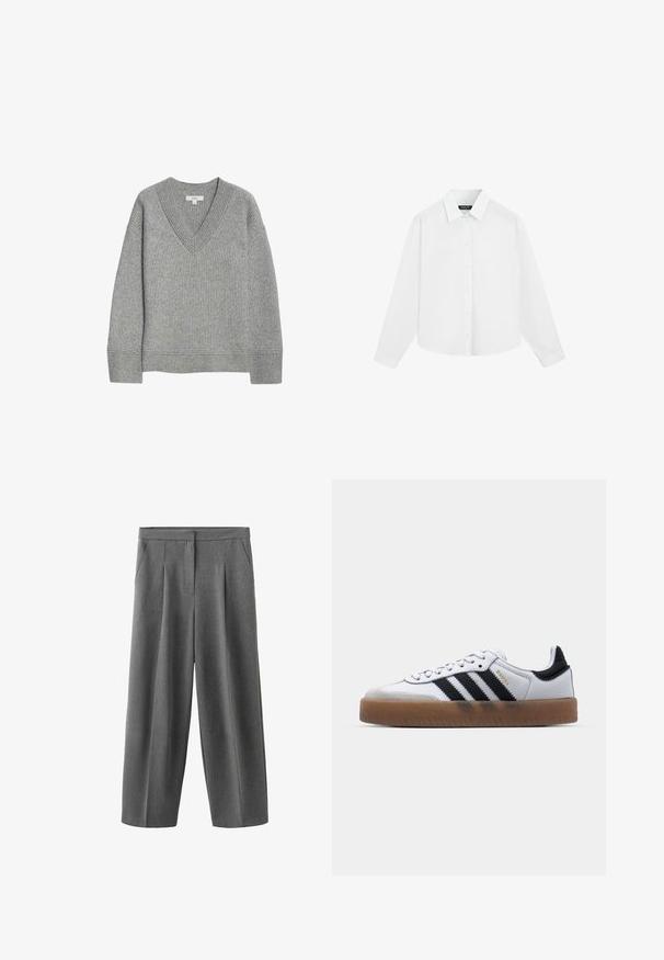 Grå ribbet sweater med V-hals, lange ærmer og lige kant. Lavet af blødt materiale, med subtile teksturer og detaljer.; Hvid langærmet skjorte med knapper og krave, vist fladt mod en hvid baggrund.; Grå vidde bukser med forreste læg, sidelommer og høj talje, lavet af et glat tekstureret stof.; Hvide lædersneakers med sorte striber, gummirubber sål, rund tå, snørelukning og blød grå ruskinds tåhætte.