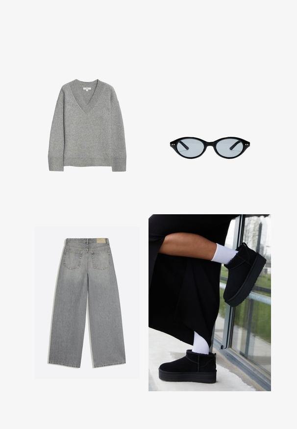 Pull gris à côtes avec un col en V, manches longues et ourlet droit. Fabriqué en matériau doux, avec une texture et des détails subtils.; Jean en denim gris à jambes larges montrant l'arrière avec deux poches et des passants de ceinture, posé à plat sur fond blanc.; Bottines en cuir suédé noir à semelle plate, avec une languette arrière, portées avec des chevilles blanches sur un fond minimaliste.; Lunettes de soleil ovales noires avec montures fines et petits points dorés près des charnières, avec verres légèrement teintés.