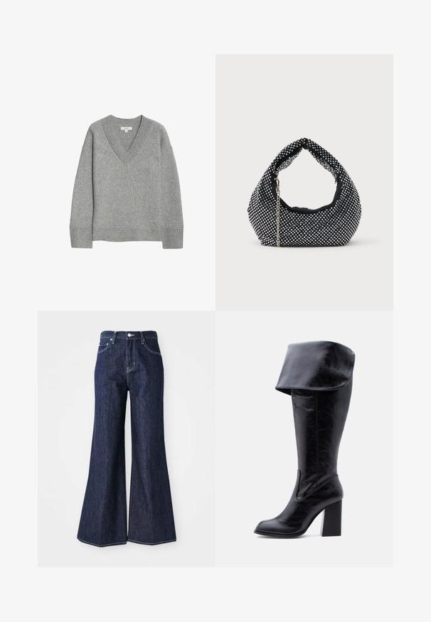 Grå ribbet sweater med V-hals, lange ærmer og lige kant. Lavet af blødt materiale, med subtile teksturer og detaljer.; Mørke denim flared jeans med høj talje, der har knap- og lynlåslukning. Hvide syninger og brede ben skaber en struktureret silhuet.; Høj sort læderstøvle med hæl, foldet kant og rund tå, stående oprejst på en hvid baggrund.; Sort mesh håndtaske prydet med sølvnitter, udstyret med et buet håndtag og en kædetraspe. Blød tekstur med en rund form.