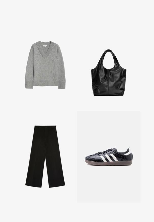 Grå ribbet sweater med V-hals, lange ærmer og lige kant. Lavet af blødt materiale, med subtile teksturer og detaljer.; Sorte bukser med brede ben, knap- og lynlåslukning, bæltestropper og frontfolder, lagt fladt på en hvid baggrund.; Lavprofils sort sneaker med tekstureret slangeskindsmønster, hvide striber på siden, sorte snørebånd og en gennemsigtig brun sål.; Sort læder tote taske med en glat overflade, en blød, afrundet top og brede håndtag. Har minimal syning og en afslappet silhuet.