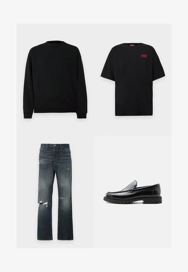 Schwarzes Sweatshirt aus weichem Stoff, mit rundem Halsausschnitt, Rippbündchen und einem kleinen Emblem auf der Brust. Einfaches, unauffälliges Design.; Schwarzes T-Shirt aus Baumwolle, mit kurzen Ärmeln, rundem Ausschnitt und einem roten "DIESEL"-Logo auf der linken Brustseite.; Dunkel gewaschene Denim-Jeans mit lockerer Passform, die zwei aufgerissene Kniebereiche, einen standardmäßigen Knopfverschluss und ein Fünf-Taschen-Design aufweisen.; Schwarzer Lederloafer mit grober Gummisohle, genähter Oberseite und geprägtem Markennamen an der Ferse, seitlich auf weißem Hintergrund gezeigt.