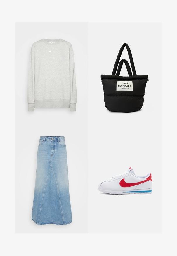 Vaaleanharmaa pyöreäkauluksinen collegepaita, joka on valmistettu pehmeästä kankaasta. Paidassa on pieni valkoinen Nike-logo rinnassa sekä niin hihansuissa kuin helmassa ribattu viimeistely.; Vaaleansininen farkkuhame, jossa on pitkä A-linjainen muoto, edessä sauma ja aikakauden tyylinen huolittelematon helma. Klassinen viisi-taskuinen tyyli ja vyölenkit sisältyvät.; Valkoiset lenkkarit, joissa on punainen swoosh, sininen yksityiskohta pohjassa ja valkoiset nauhat. Teksturoitu pinta, jossa on ommeltuja yksityiskohtia. Klassinen muotoilu.; Musta puhujakassi, jossa on kaksinkertaiset kahvat ja valkoinen etiketti, jossa lukee "MADS NØRGAARD COPENHAGEN." Pehmeä, tikattu rakenne ja pyöreä muoto.